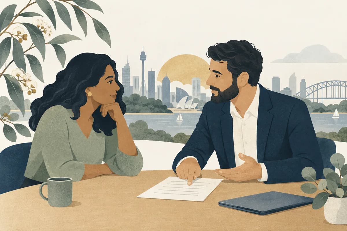 Editorial illustration of two people discussing a document at a consultation table